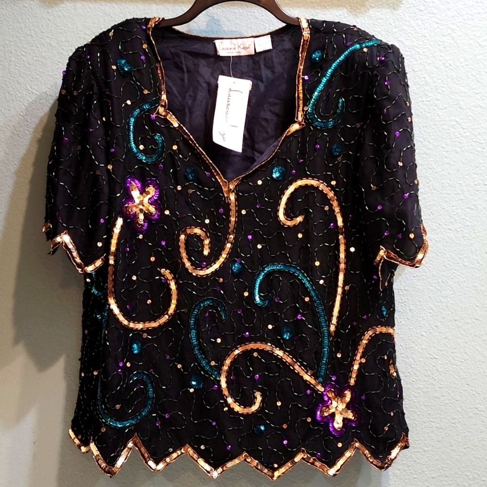 Laurence Kazar Vintage Sequined Top Multicolor Size 4X